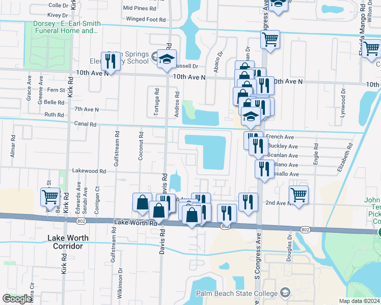 map of restaurants, bars, coffee shops, grocery stores, and more near 5701 Waterview Circle in Palm Springs