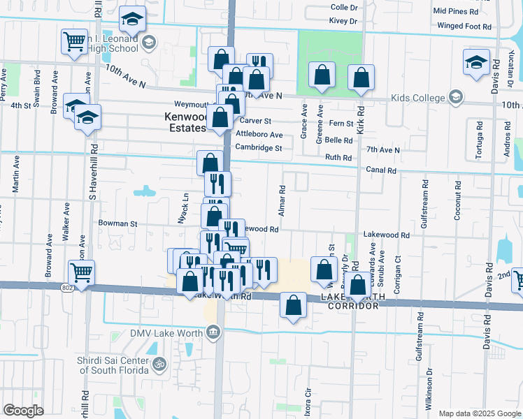 map of restaurants, bars, coffee shops, grocery stores, and more near 3650 Patio Court in Lake Worth