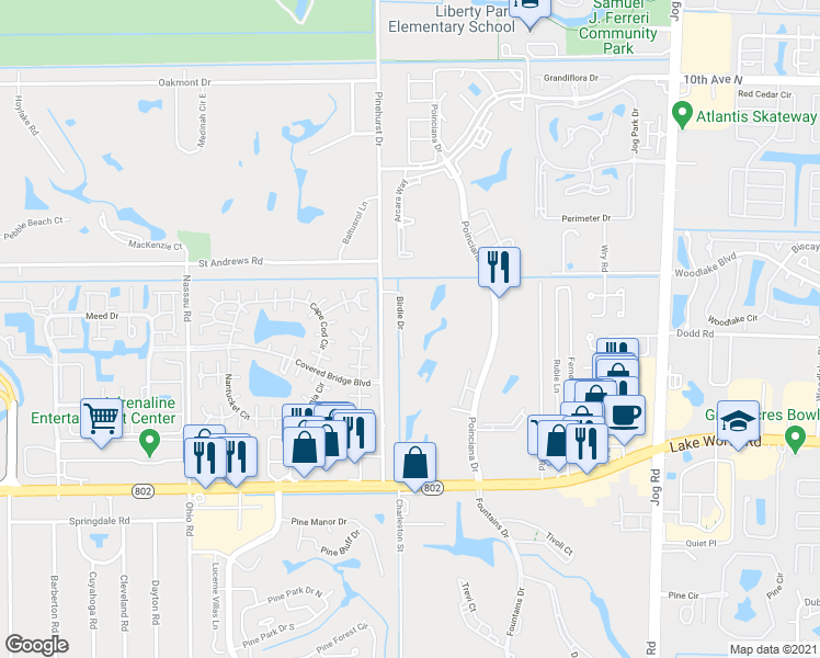 map of restaurants, bars, coffee shops, grocery stores, and more near 3610 Pinehurst Drive in Lake Worth