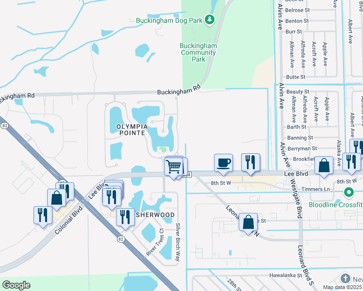 map of restaurants, bars, coffee shops, grocery stores, and more near 8567 Athena Court in Lehigh Acres