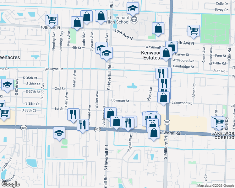 map of restaurants, bars, coffee shops, grocery stores, and more near 3664 Alexander Court in Lake Worth