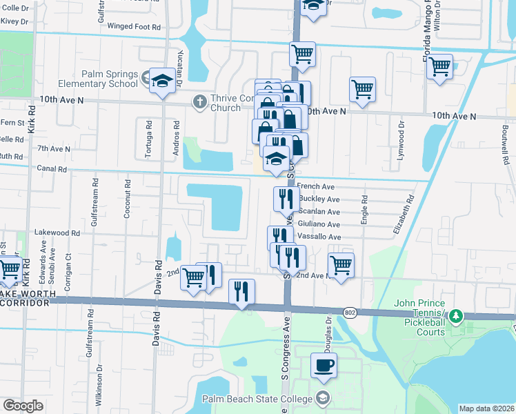 map of restaurants, bars, coffee shops, grocery stores, and more near 3593 Elizabeth Street in Palm Springs