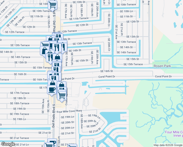 map of restaurants, bars, coffee shops, grocery stores, and more near 1913 Southeast 16th Street in Cape Coral