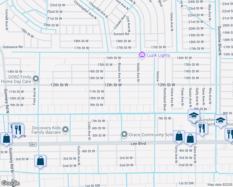 map of restaurants, bars, coffee shops, grocery stores, and more near 3804 11th Street West in Lehigh Acres