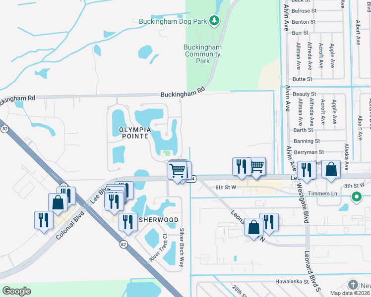 map of restaurants, bars, coffee shops, grocery stores, and more near 8569 Athena Court in Lehigh Acres