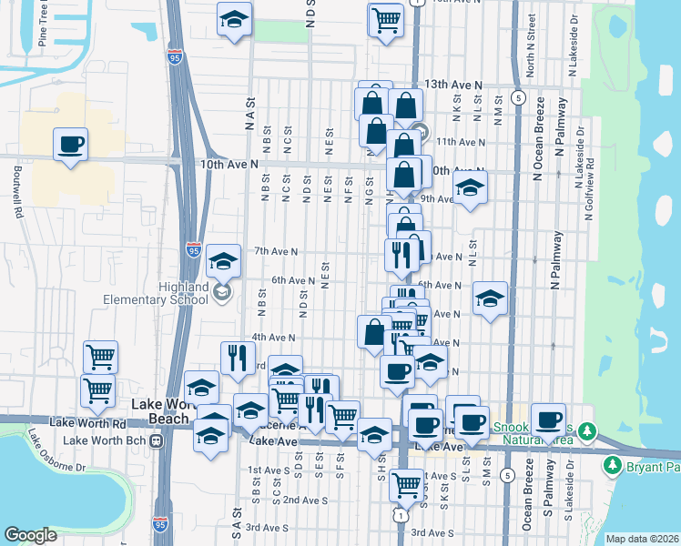 map of restaurants, bars, coffee shops, grocery stores, and more near 620 North E Street in Lake Worth