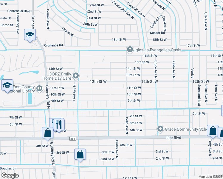 map of restaurants, bars, coffee shops, grocery stores, and more near 4017 11th Street West in Lehigh Acres