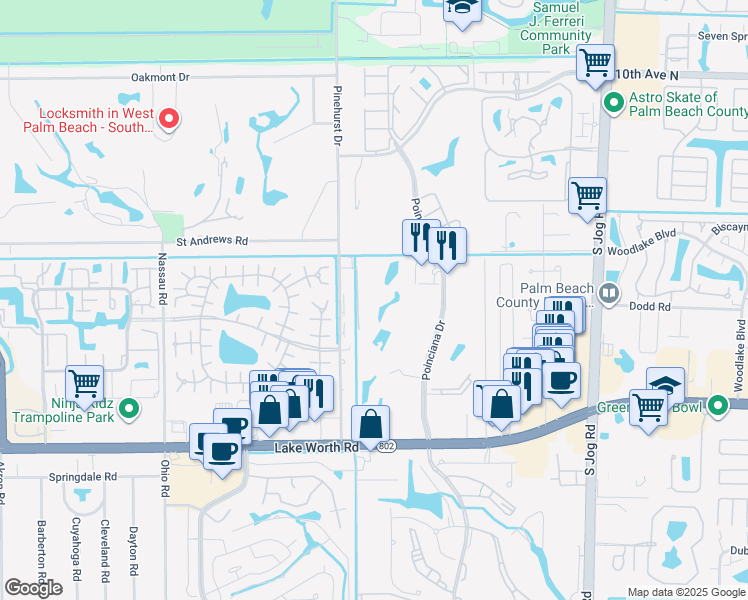 map of restaurants, bars, coffee shops, grocery stores, and more near 3593 Birdie Drive in Lake Worth