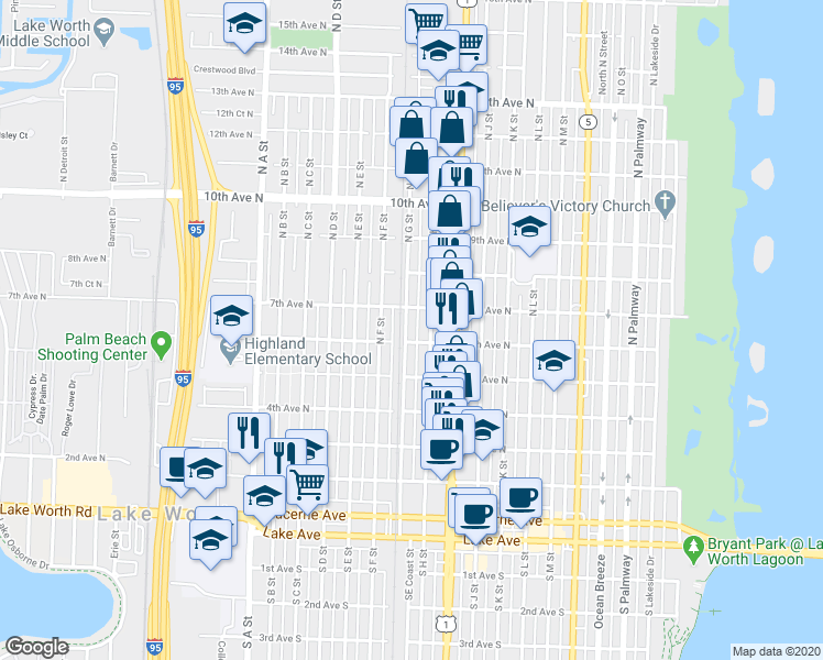 map of restaurants, bars, coffee shops, grocery stores, and more near 1109 7th Avenue North in Lake Worth