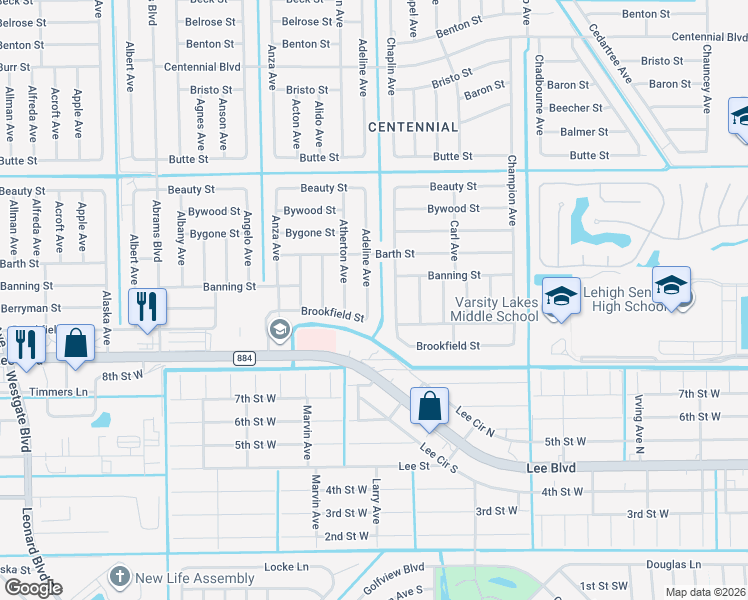 map of restaurants, bars, coffee shops, grocery stores, and more near 816 Adeline Avenue in Lehigh Acres