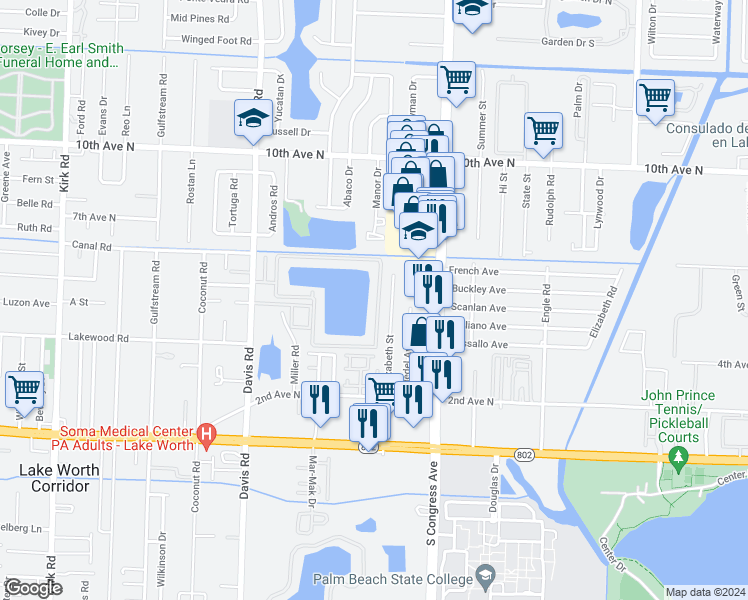 map of restaurants, bars, coffee shops, grocery stores, and more near 3504 Waterview Circle in Palm Springs