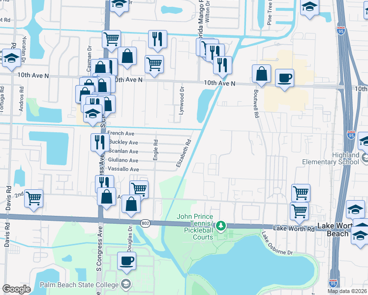 map of restaurants, bars, coffee shops, grocery stores, and more near 2820 Buckley Avenue in Lake Worth