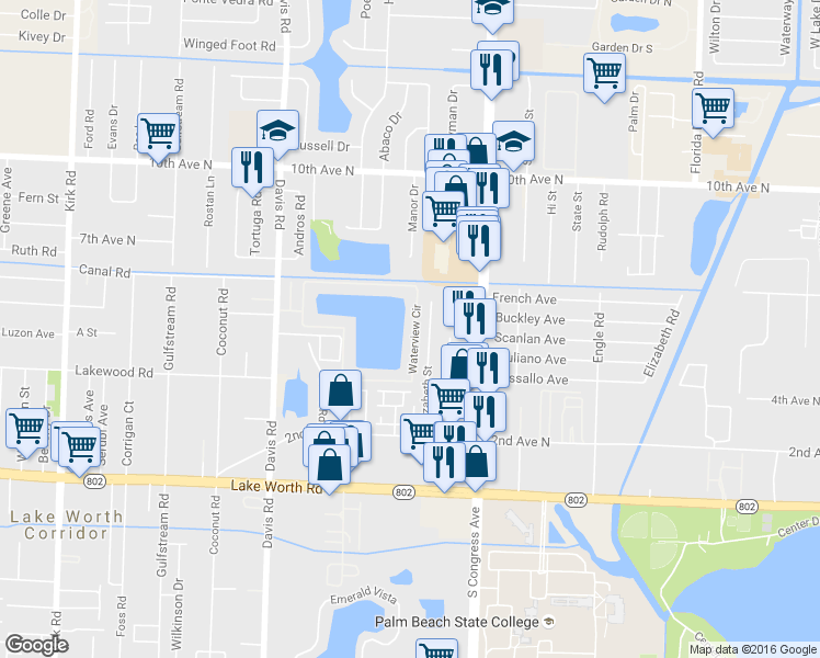 map of restaurants, bars, coffee shops, grocery stores, and more near 3593 Elizabeth Street in Palm Springs