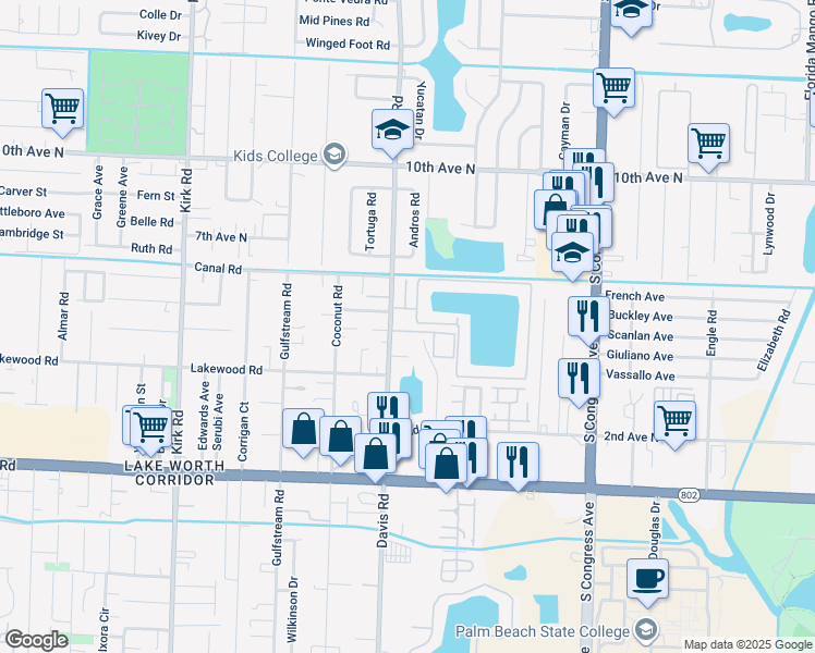 map of restaurants, bars, coffee shops, grocery stores, and more near 3609 Davis Road in Palm Springs