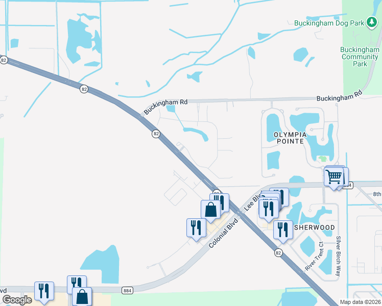 map of restaurants, bars, coffee shops, grocery stores, and more near 439 Florida 82 in Lehigh Acres