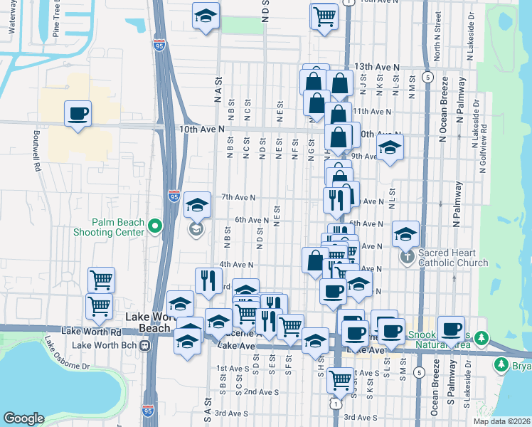 map of restaurants, bars, coffee shops, grocery stores, and more near 620 North E Street in Lake Worth