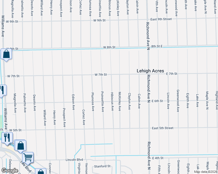 map of restaurants, bars, coffee shops, grocery stores, and more near 614 Poinsettia Avenue in Lehigh Acres