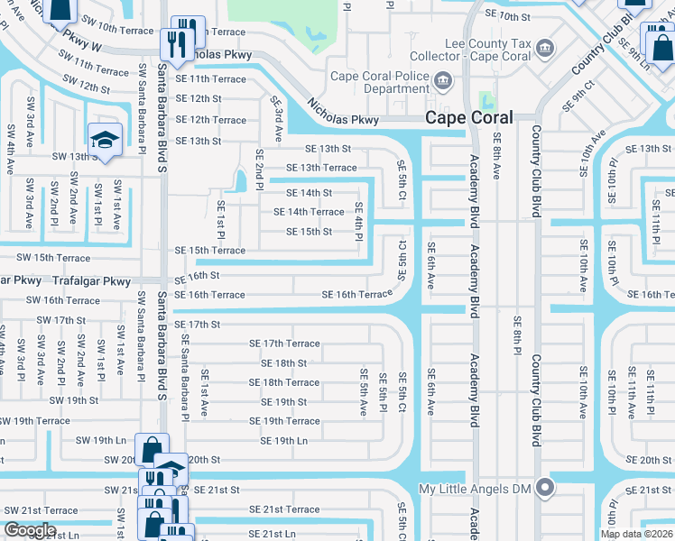 map of restaurants, bars, coffee shops, grocery stores, and more near 411 Southeast 16th Street in Cape Coral