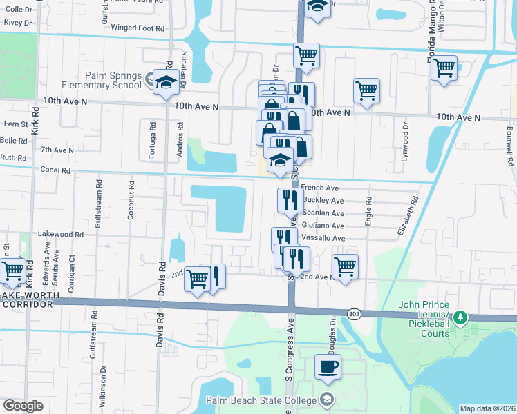 map of restaurants, bars, coffee shops, grocery stores, and more near 3593 Elizabeth Street in Palm Springs