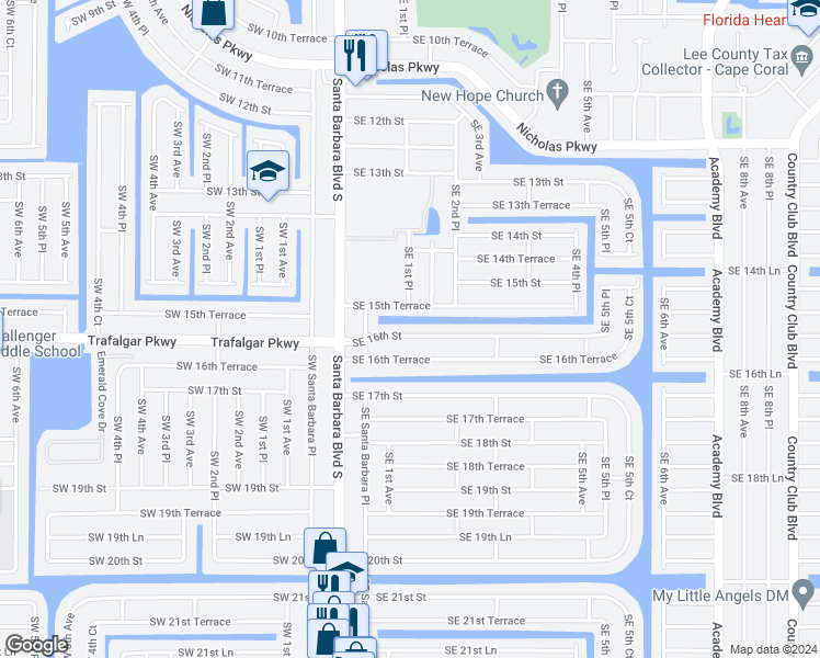 map of restaurants, bars, coffee shops, grocery stores, and more near 141 Southeast 16th Street in Cape Coral
