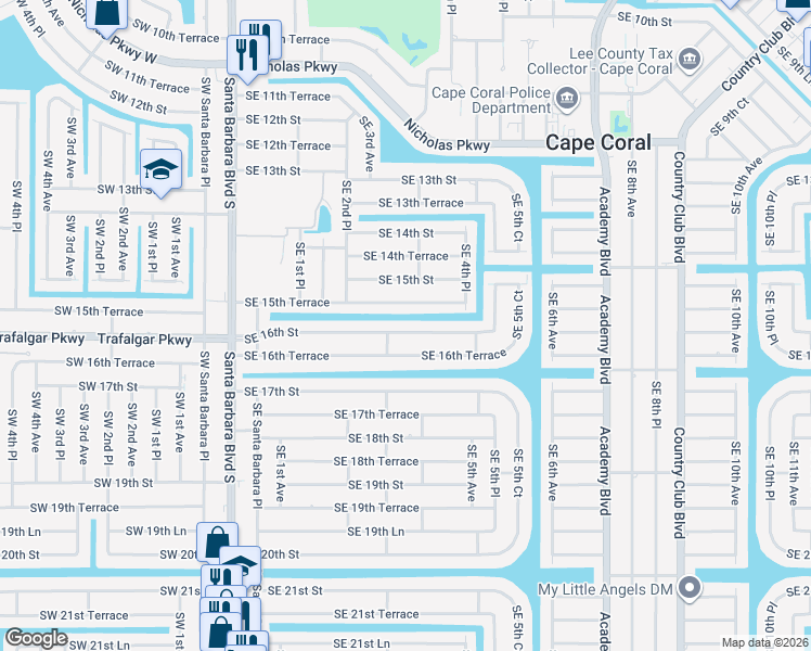 map of restaurants, bars, coffee shops, grocery stores, and more near 311 Southeast 16th Street in Cape Coral