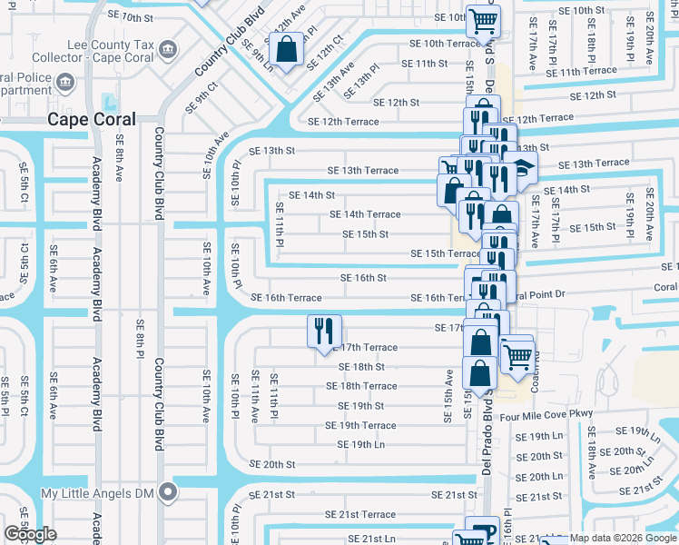 map of restaurants, bars, coffee shops, grocery stores, and more near 1215 Southeast 16th Street in Cape Coral