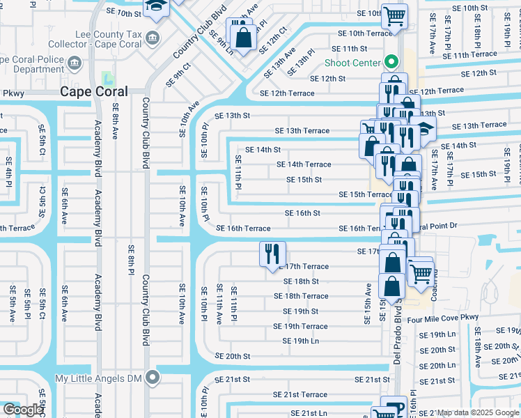 map of restaurants, bars, coffee shops, grocery stores, and more near 1127 Southeast 16th Street in Cape Coral