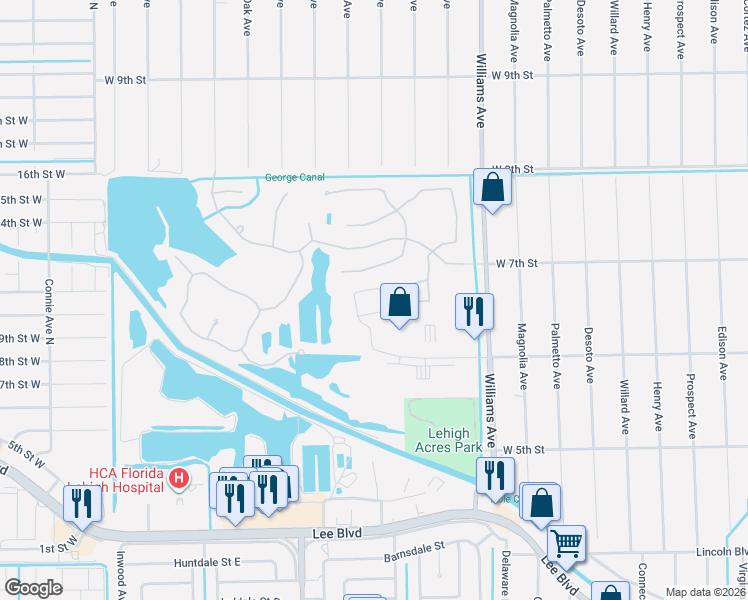 map of restaurants, bars, coffee shops, grocery stores, and more near 1232 Village Lakes Boulevard in Lehigh Acres