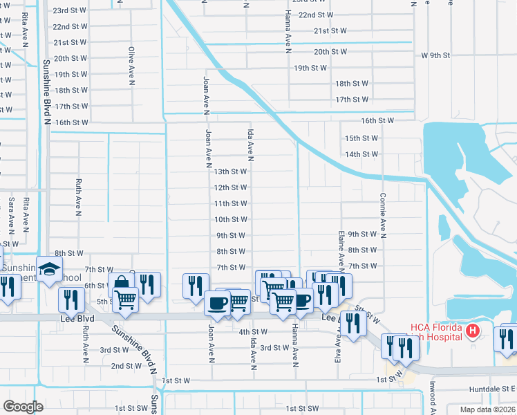 map of restaurants, bars, coffee shops, grocery stores, and more near 2819 11th Street West in Lehigh Acres