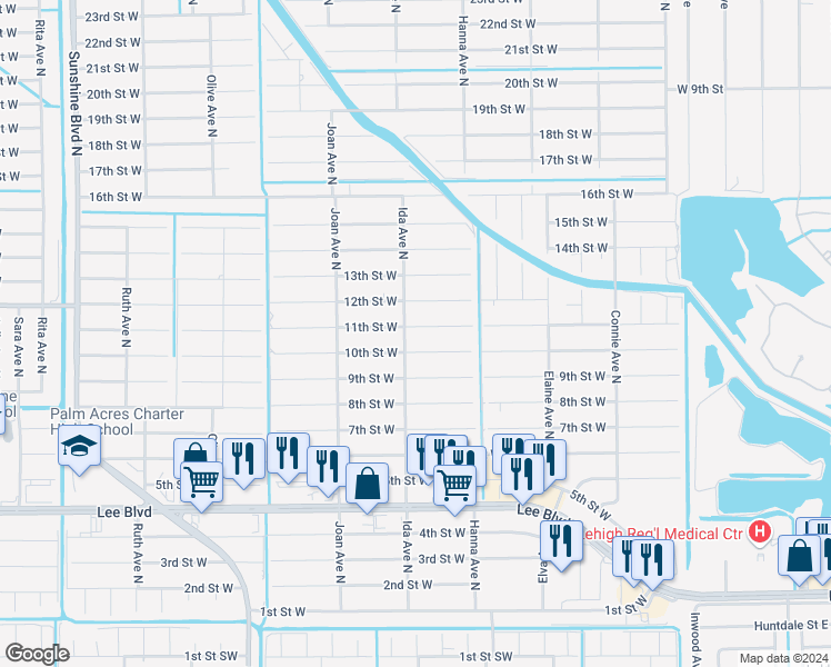 map of restaurants, bars, coffee shops, grocery stores, and more near 2819 11th Street West in Lehigh Acres