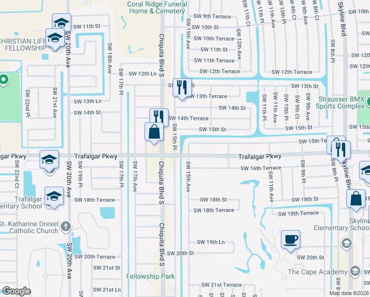 map of restaurants, bars, coffee shops, grocery stores, and more near 1522 Southwest 15th Avenue in Cape Coral