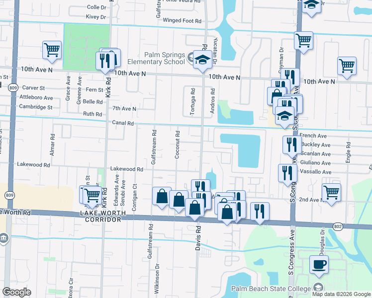 map of restaurants, bars, coffee shops, grocery stores, and more near 3588 Hunt Road in Lake Worth