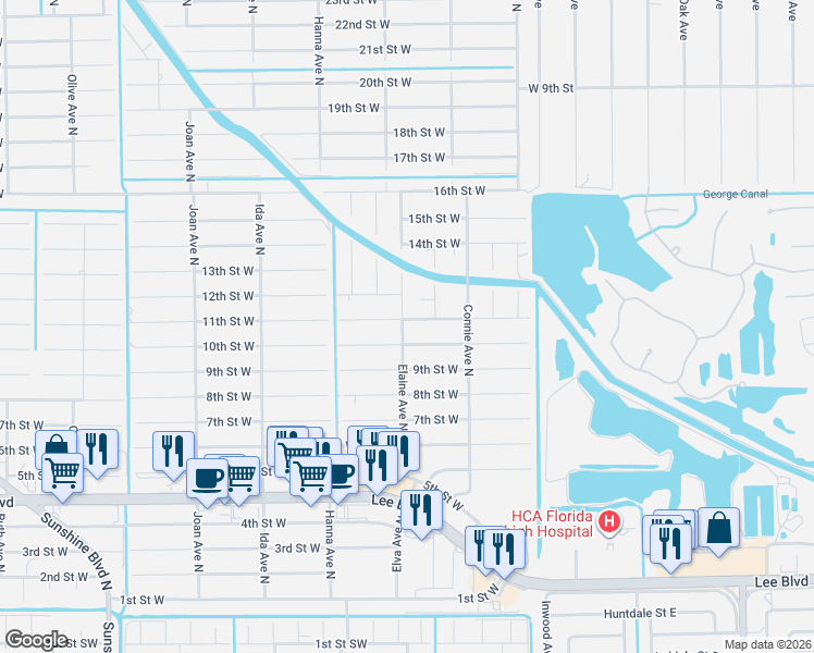 map of restaurants, bars, coffee shops, grocery stores, and more near 2619 11th Street West in Lehigh Acres
