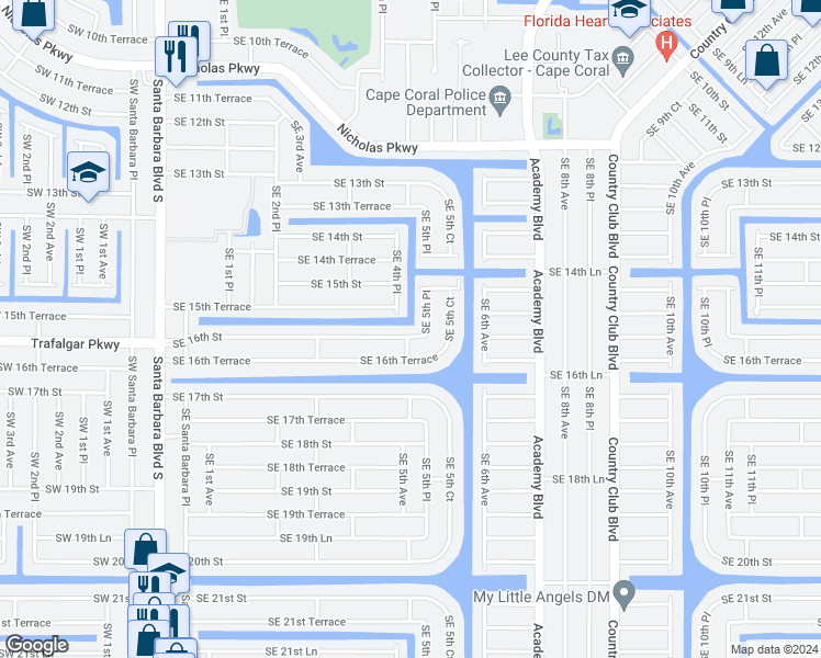 map of restaurants, bars, coffee shops, grocery stores, and more near 501 Southeast 16th Street in Cape Coral