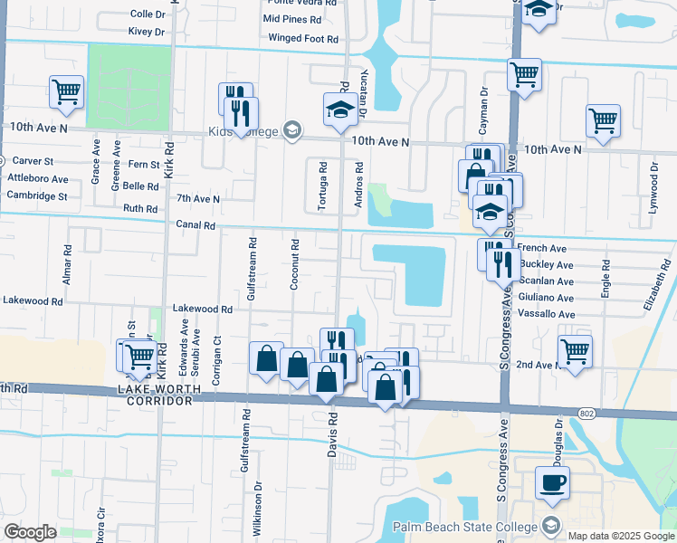 map of restaurants, bars, coffee shops, grocery stores, and more near 3609 Davis Road in Palm Springs