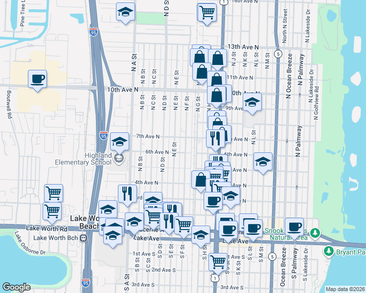 map of restaurants, bars, coffee shops, grocery stores, and more near 620 North E Street in Lake Worth