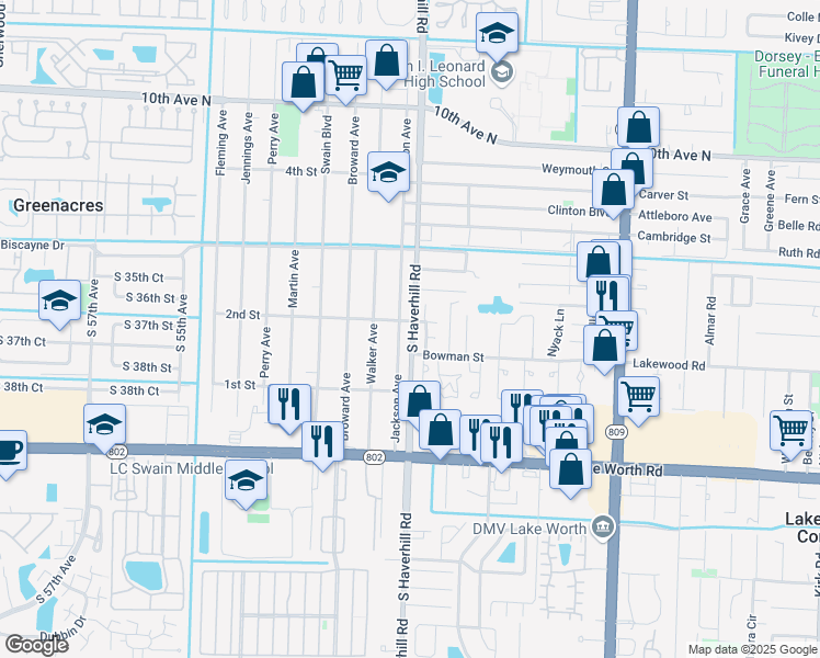 map of restaurants, bars, coffee shops, grocery stores, and more near 3664 Alexander Court in Greenacres