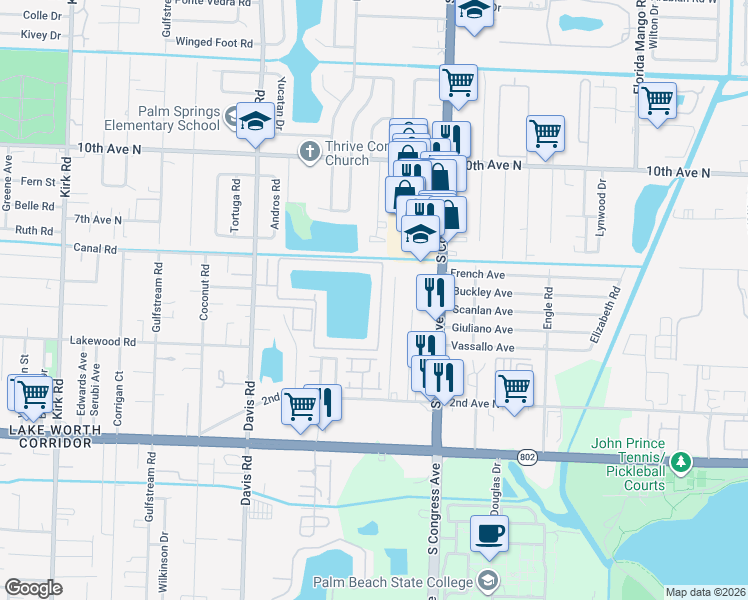 map of restaurants, bars, coffee shops, grocery stores, and more near 3401 Waterview Circle in Palm Springs