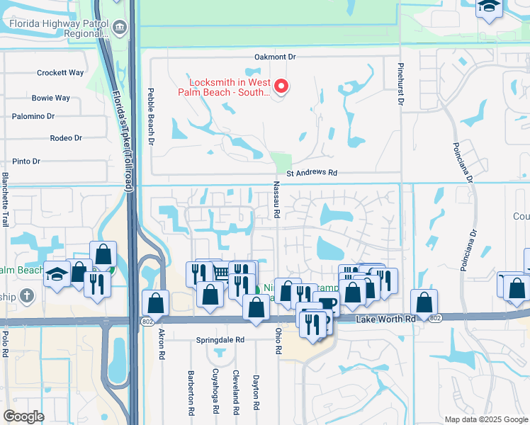 map of restaurants, bars, coffee shops, grocery stores, and more near 3679 English Road in Lake Worth
