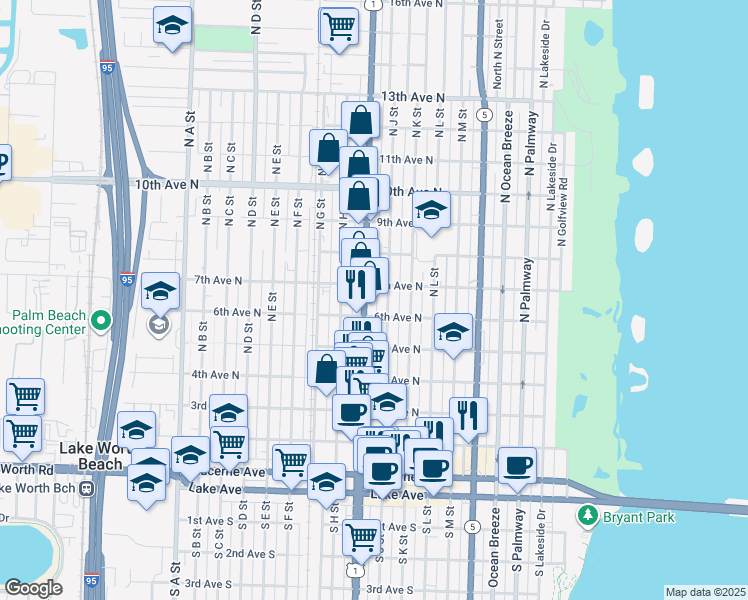 map of restaurants, bars, coffee shops, grocery stores, and more near 620 North Dixie Highway in Lake Worth
