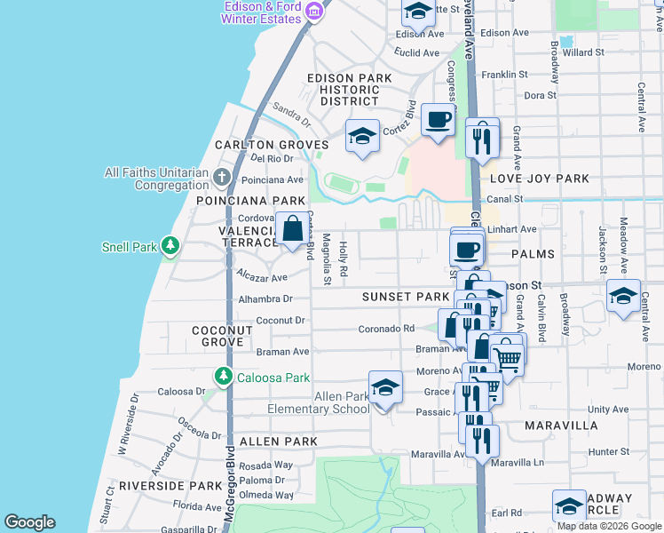 map of restaurants, bars, coffee shops, grocery stores, and more near 2950 Holly Road in Fort Myers