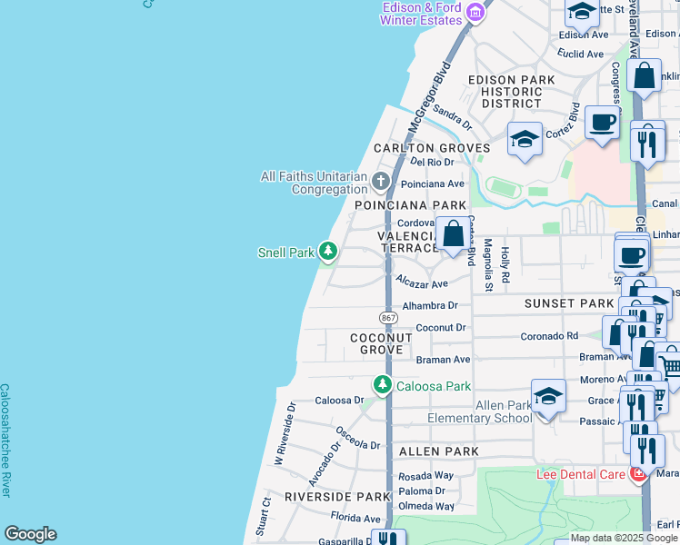 map of restaurants, bars, coffee shops, grocery stores, and more near 1308 Almeria Avenue in Fort Myers