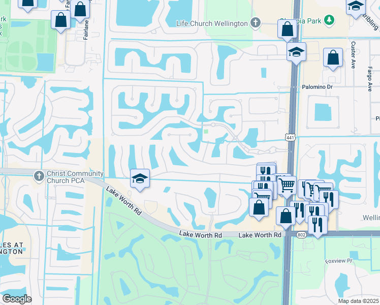 map of restaurants, bars, coffee shops, grocery stores, and more near 3605 Royalle Terrace in Wellington