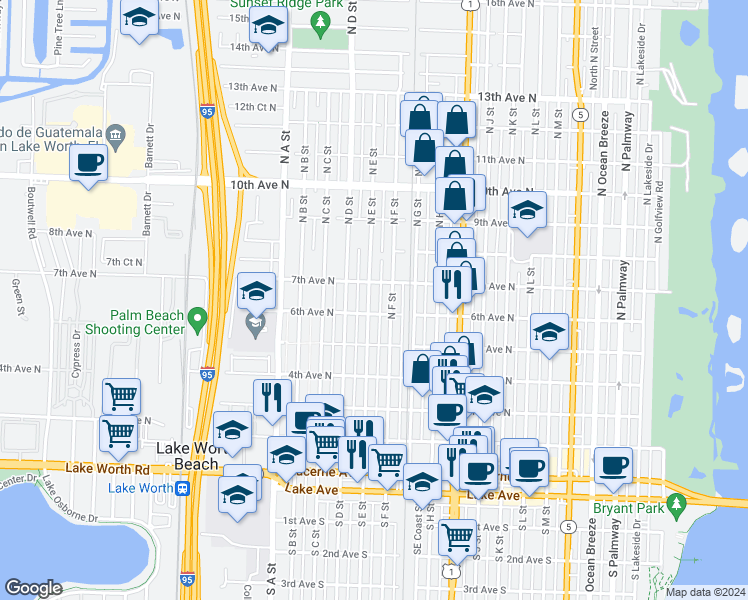 map of restaurants, bars, coffee shops, grocery stores, and more near 620 North E Street in Lake Worth