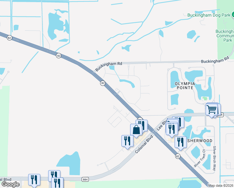 map of restaurants, bars, coffee shops, grocery stores, and more near 439 Florida 82 in Lehigh Acres