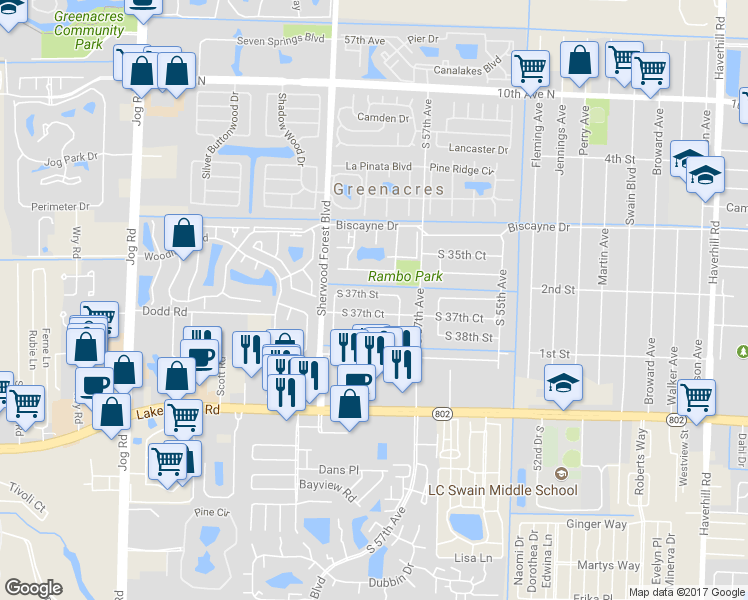 map of restaurants, bars, coffee shops, grocery stores, and more near 5828 South 37th Street in Greenacres