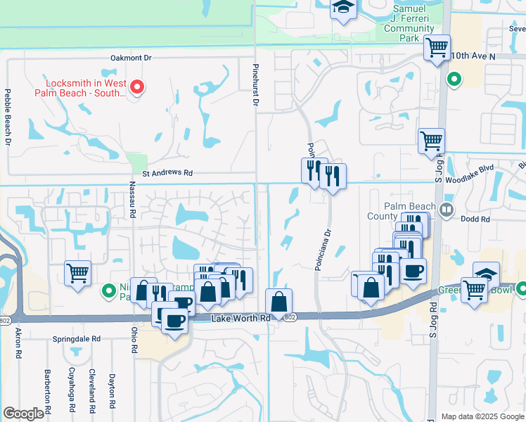 map of restaurants, bars, coffee shops, grocery stores, and more near 3610 Pinehurst Drive in Lake Worth