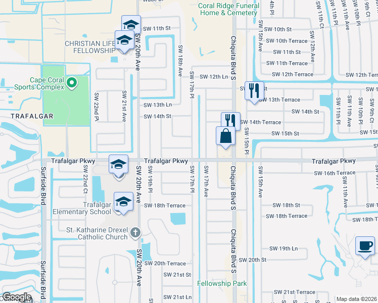 map of restaurants, bars, coffee shops, grocery stores, and more near 1724 Southwest 15th Terrace in Cape Coral