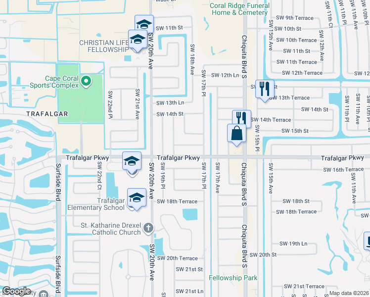 map of restaurants, bars, coffee shops, grocery stores, and more near 1810 Southwest 15th Terrace in Cape Coral