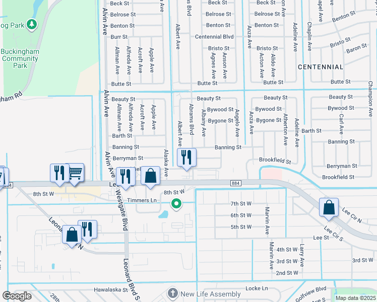 map of restaurants, bars, coffee shops, grocery stores, and more near 818 Albert Avenue in Lehigh Acres